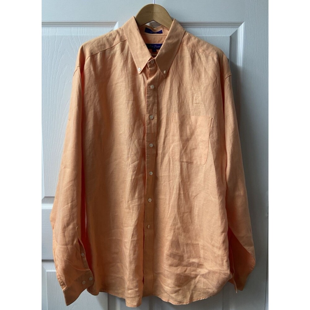 Alan Flusser Linen Shirt Mens XXL Orange Button Down LS Casual Vacation Pocket